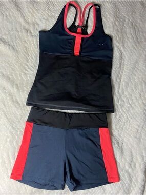 Women’s Black & Navy Athletic Tankini Top with Pink Trim and Navy Shorts